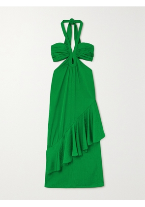 Johanna Ortiz - Balladist Ruffled Cutout Satin-jacquard Halterneck Midi Dress - Green - US0,US2,US4,US6,US8,US10