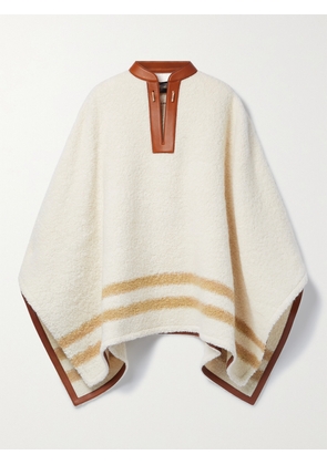 Loro Piana - Leather-trimmed Striped Alpaca-blend Bouclé Poncho - Ivory - x small,small,medium,large