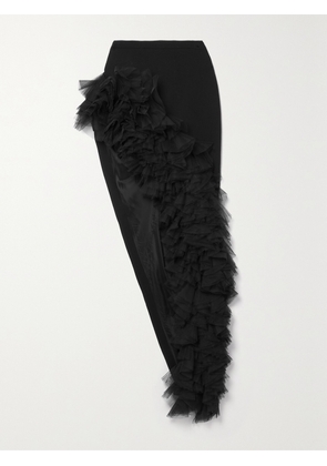 DAVID KOMA - Asymmetric Ruffled Tulle-trimmed Wool-crepe Maxi Skirt - Black - UK 6,UK 8,UK 10,UK 12,UK 14,UK 16