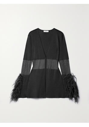 LAPOINTE - Feather-trimmed Mesh-paneled Metallic Knitted Cardigan - Gray - x small,small,medium,large
