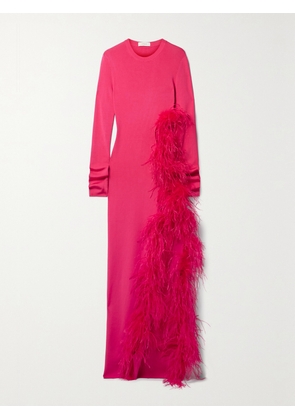 LAPOINTE - Cutout Feather-trimmed Stretch-knit Maxi Dress - Red - x small,small,medium,large