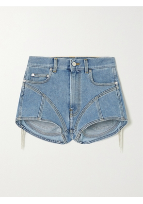 MUGLER - Paneled Crystal-embellished Fringed Denim Shorts - Blue - FR 34,FR 36,FR 38,FR 40,FR 42