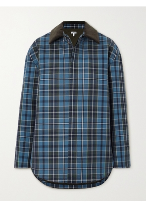 LOEWE - Cotton Corduroy-trimmed Checked Wool-blend Padded Jacket - Blue - FR 32,FR 34,FR 36,FR 38,FR 40,FR 42,FR 44