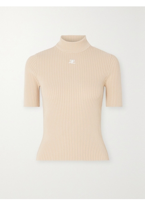 COURREGES - Embroidered Ribbed-knit Top - Neutrals - x small,small,medium,large,x large