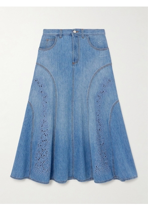 Chloé - + Net Sustain Broderie Anglaise-trimmed Recycled Denim Midi Skirt - Blue - FR 34,FR 36,FR 38,FR 40,FR 42,FR 44,FR 46