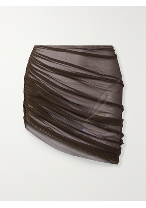 Norma Kamali - Diana Asymmetric Ruched Stretch-mesh Skirt - Brown - xx small,x small,small,medium,large,x large