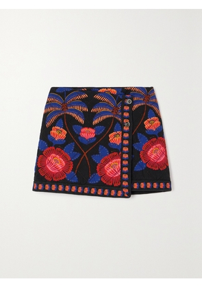 Farm Rio - Living Bloom Floral-print Cotton-twill Mini Wrap Skirt - Black - xx small,x small,small,medium,large,x large