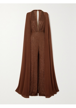 Jenny Packham - Cape-effect Embellished Tulle Jumpsuit - Gold - UK 6,UK 8,UK 10,UK 12,UK 14,UK 16,UK 18