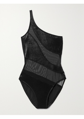 Norma Kamali - Snake One-shoulder Mesh-paneled Lamé Swimsuit - Black - x small,small,medium,large,x large