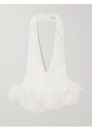16ARLINGTON - Salina Feather-trimmed Embellished Tulle Halterneck Top - White - UK 6,UK 8,UK 10,UK 12,UK 14