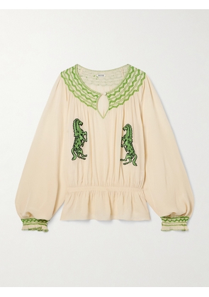 BODE - Rearing Stallions Ruffled Smocked Embroidered Crepe De Chine Blouse - White - x small,small,medium,large
