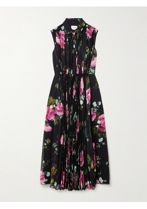 Erdem - Gathered Pleated Floral-print Chiffon Midi Dress - Black - UK 4,UK 6,UK 8,UK 10,UK 12,UK 14,UK 16,UK 18,UK 20