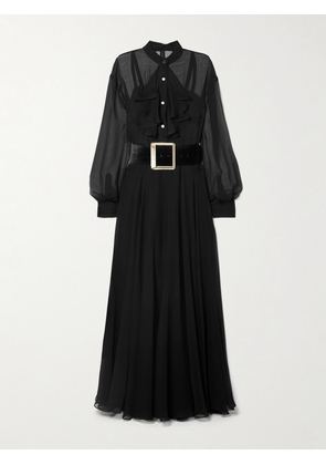 SERGIO HUDSON - Belted Velvet-trimmed Ruffled Chiffon Maxi Dress - Black - US4,US6,US8,US10,US12,US14,US16