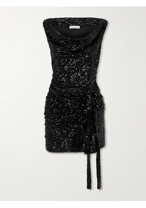 RABANNE - Bow-embellished Sequined Ruffled Woven Mini Dress - Black - FR 36,FR 38,FR 40,FR 42