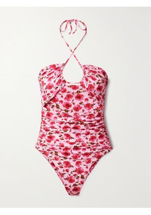 Magda Butrym - Cutout Ruched Floral-print Halterneck Swimsuit - Pink - FR 34,FR 36,FR 38,FR 40,FR 42
