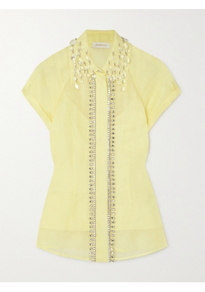 Zimmermann - Matchmaker Crystal-embellished Linen And Silk-blend Shirt - Yellow - 00,0,1,2,3,4