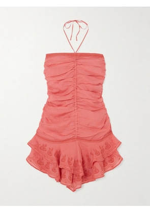 MARANT ÉTOILE - Emanuela Ruched Embroidered Ramie Halterneck Mini Dress - Orange - FR 34,FR 36,FR 38,FR 40,FR 42,FR 44