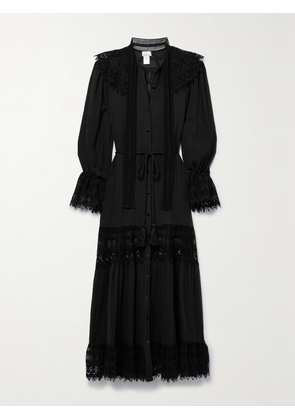 Miguelina - Emilline Belted Lace-trimmed Cotton-gauze Maxi Dress - Black - x small,small,medium,large