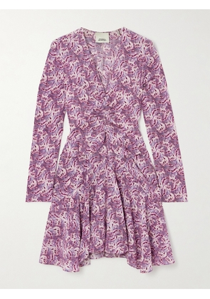MARANT ÉTOILE - Usmara Gathered Ruffled Printed Stretch-silk Mini Dress - Purple - FR 34,FR 36,FR 38,FR 40,FR 42,FR 44