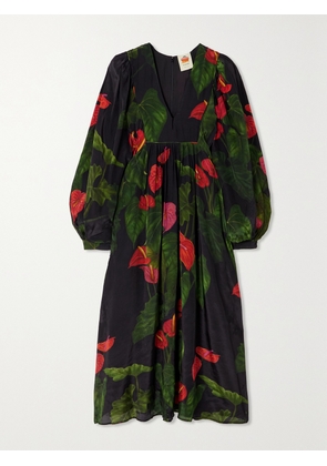 Farm Rio - Anthurium Pleated Floral-print Crepe Maxi Dress - Black - xx small,x small,small,medium,large,x large