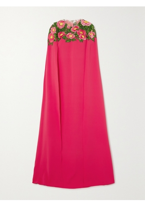 Oscar de la Renta - Camellia Cape-effect Appliquéd Tulle-trimmed Stretch-silk Gown - Red - x small,small,medium,large,x large