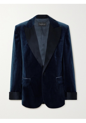 Costarellos - Satin-trimmed Cotton-velvet Blazer - Blue - FR 32,FR 34,FR 36,FR 38,FR 40,FR 42,FR 44