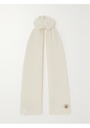 Gucci - Embellished Leather-trimmed Ribbed Wool And Cashmere-blend Scarf - Ivory - One size