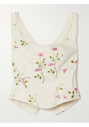 LOVESHACKFANCY - Rhapsody Lace-trimmed Embroidered Cotton-twill Bustier Top - Off-white - US0,US2,US4,US6,US8,US10,US14