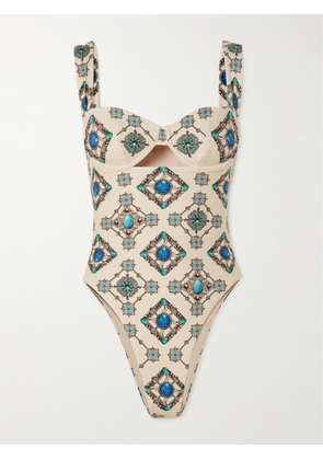 Agua by Agua Bendita - Citrino Platero Cutout Printed Recycled Underwired Swimsuit - Cream - x small,small,medium,large,x large