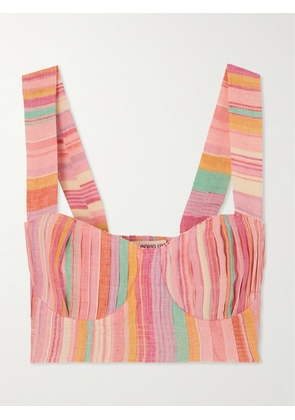 Emporio Sirenuse - Dalia Frayed Pleated Striped Linen Bustier Top - Pink - IT38,IT40,IT42,IT44,IT46,IT48,IT50