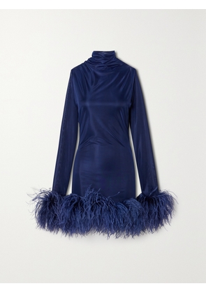 16ARLINGTON - Luna Feather-trimmed Stretch-jersey Turtleneck Mini Dress - Blue - UK 4,UK 6,UK 8,UK 10,UK 12,UK 14,UK 16