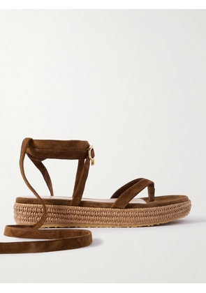 Gianvito Rossi - Yasmine Embellished Raffia-trimmed Suede Sandals - Brown - IT35,IT36,IT36.5,IT37,IT37.5,IT38,IT38.5,IT39,IT39.5,IT40,IT40.5,IT41,IT41.5,IT42
