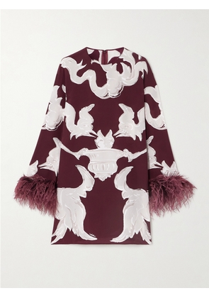Valentino Garavani - Feather-trimmed Printed Silk Crepe De Chine Mini Dress - Burgundy - IT36,IT38,IT40,IT42,IT44