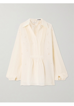 Jil Sander - Pearl-embellished Pintucked Cotton-gauze Shirt - Neutrals - FR 36,FR 38,FR 40,FR 42