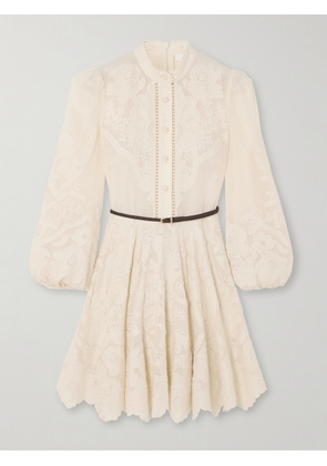 Zimmermann - Ottie Belted Braided Leather- And Ramie-trimmed Embroidered Linen Mini Dress - Cream - 00,1,2,3,4