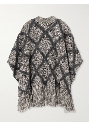Brunello Cucinelli - Fringed Sequin-embellished Argyle Open-knit Wool-blend Turtleneck Sweater - Gray - x small,small,medium,large