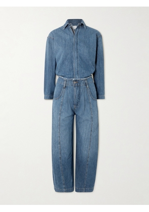 Rivet Utility - New Yorker Cropped Frayed Denim Jumpsuit - Blue - x small,small,medium,large,x large