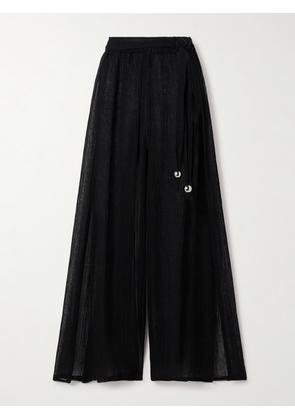 Lisa Marie Fernandez - Belted Crinkled Linen-blend Gauze Wide-leg Pants - Black - 01,2,3,4