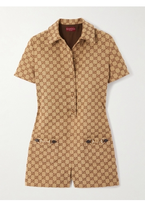 Gucci - Embellished Leather-trimmed Canvas-jacquard Playsuit - Brown - IT36,IT38,IT40,IT42,IT44,IT46