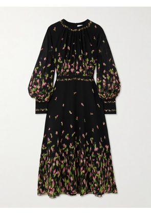Erdem - Gathered Floral-print Silk-georgette Midi Dress - Black - UK 4,UK 6,UK 8,UK 10,UK 12,UK 14,UK 16