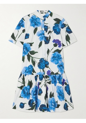 Erdem - Gathered Tiered Floral-print Cotton Mini Shirt Dress - Blue - UK 4,UK 6,UK 8,UK 10,UK 12,UK 14,UK 16,UK 18