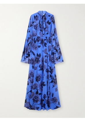 Erdem - Pussy-bow Gathered Floral-print Silk-voile Gown - Blue - UK 6,UK 8,UK 10,UK 12,UK 14,UK 16
