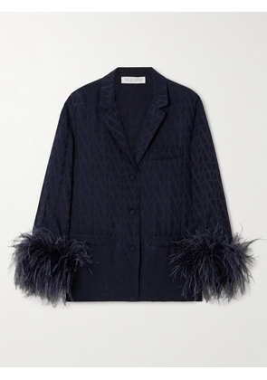 Valentino Garavani - Feather-trimmed Silk Satin-jacquard Shirt - Blue - IT36,IT38,IT40,IT42,IT44,IT46,IT48,IT50
