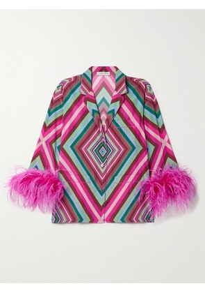 Valentino Garavani - Feather-trimmed Printed Silk Crepe De Chine Shirt - Pink - IT36,IT38,IT40,IT42,IT44,IT46,IT48,IT50