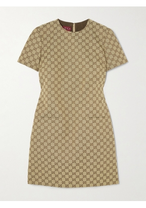 Gucci - Belted Leather-trimmed Cotton-blend Canvas Mini Dress - Brown - IT36,IT38,IT40,IT42,IT44