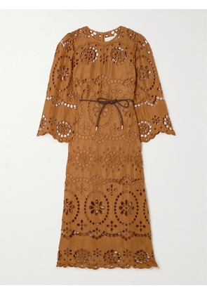 Zimmermann - Pop Belted Scalloped Broderie Anglaise Linen Midi Dress - Brown - 00,1,2,3,4