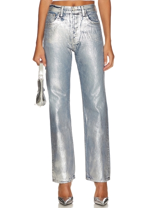 EB Denim High Rise Straight Jeans in Metallic Silver. Size 23. Also in 24, 25, 27, 29, 30.