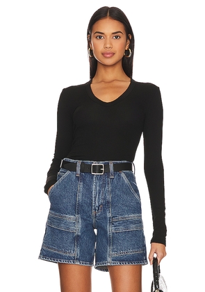 Enza Costa Rib Bold Long Sleeve U Top in Black. Size M. Also in L, S, XS.