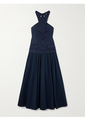 STAUD - Harrington Open-back Pleated Cotton-twill And Poplin Halterneck Maxi Dress - Blue - US0,US2,US4,US6,US8,US10,US12,US14,US16