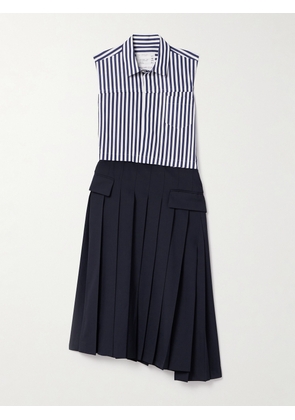 Sacai - Striped Asymmetric Pleated Cotton-poplin And Woven Midi Dress - Blue - 1,2,3,4